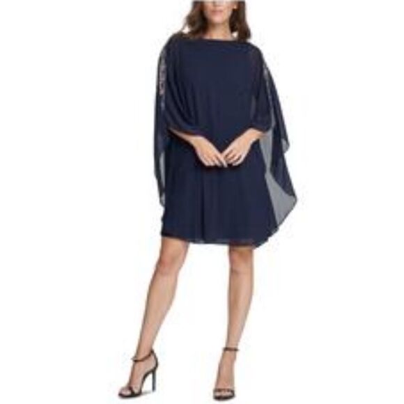 VINCE CAMUTO Navy Embellished Caped Crew Neck Evening Shift Dress - Picture 13 of 13